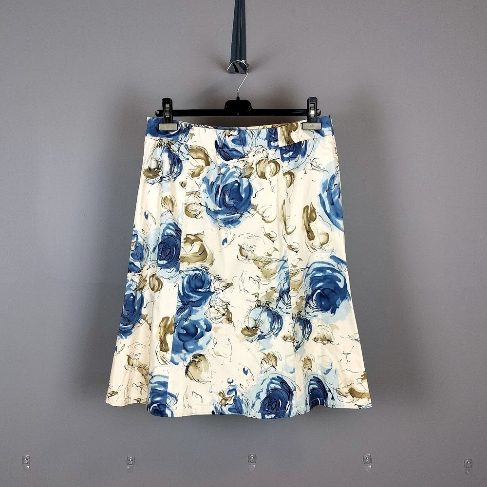 Mac & Jac Floral Cotton Stretch A-Line‎ Skirt Size 10 Blue Tan Garden Party